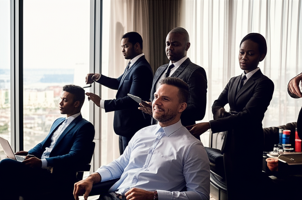 A team of tech professionals getting last-minute haircuts in a Las Vegas hotel suite before a big presentation.