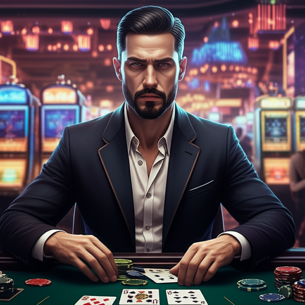 A stylish man with a perfect beard trim looking confident at a high-stakes poker table in Las Vegas.