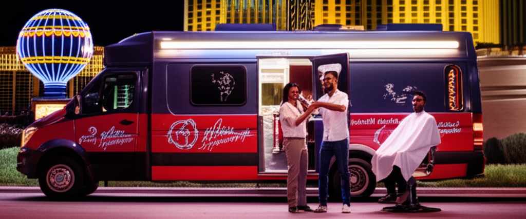 A friendly barber giving a haircut to a Las Vegas casino worker late at night next to a mobile barber van.