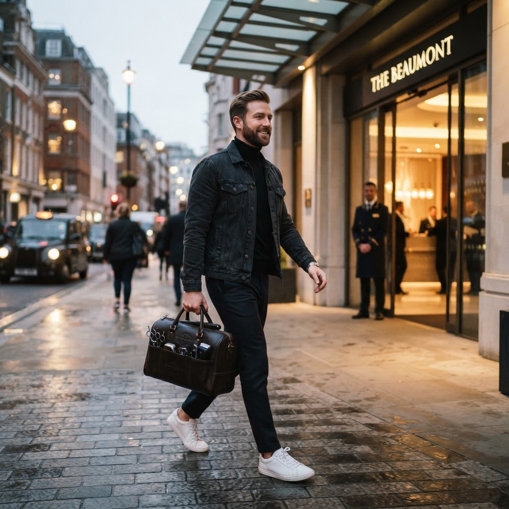 A Slyyyde mobile barber carrying his kit to a hotel house call